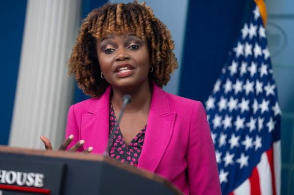 White House press secretary Karine Jean-Pierre speaks during a press briefing at the White House, Thursday, April 11, 2024, in Washington.