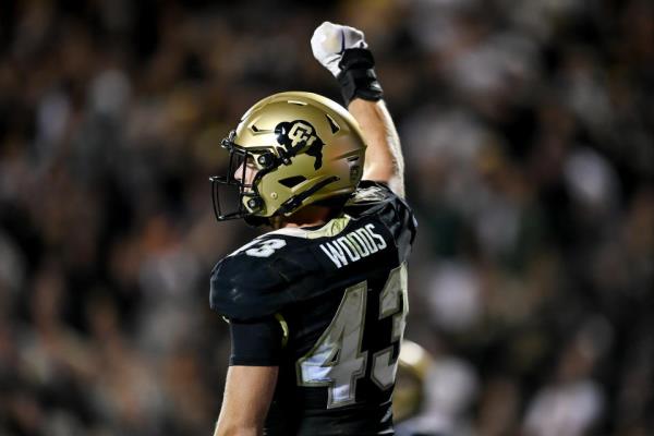 BOULDER, CO - SEPTEMBER 17:  Safety Trevor Woods #43 of the Colorado Buffaloes celebrates a defensive play in the second overtime period against the Colorado State Rams at Folsom Field on September 17, 2023 in Boulder, Colorado. (Photo by Dustin Bradford/Getty Images)