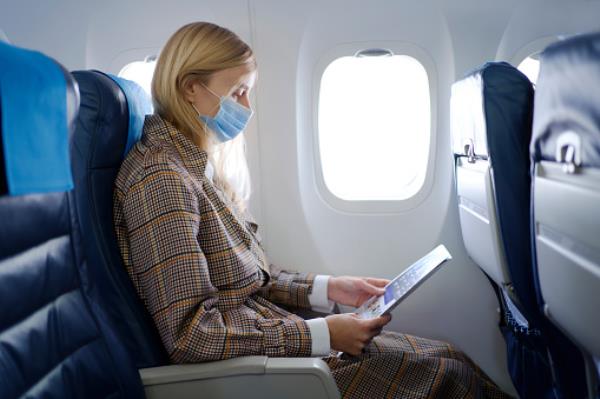 Woman in a face mask on a plane