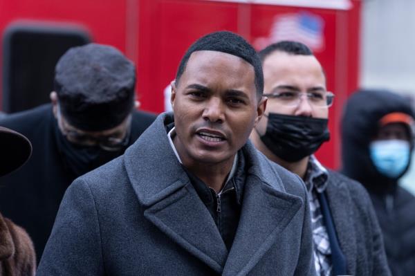 Co<em></em>ngressman Ritchie Torres speaking at a joint press co<em></em>nference with Senator Kirsten Gillibrand outside a building in Bronx, New York