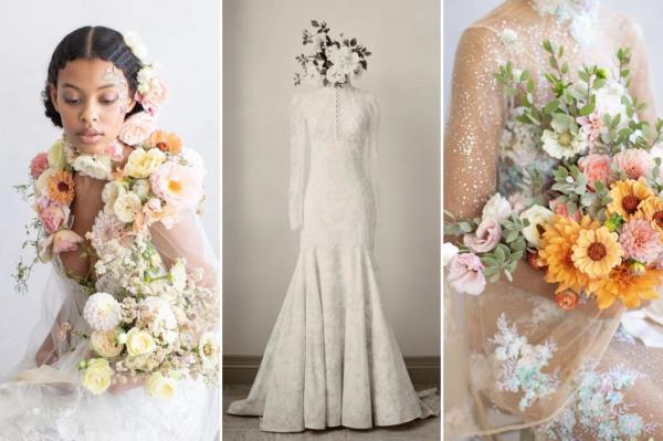 Collage of three bridal looks from Claire Pettibone