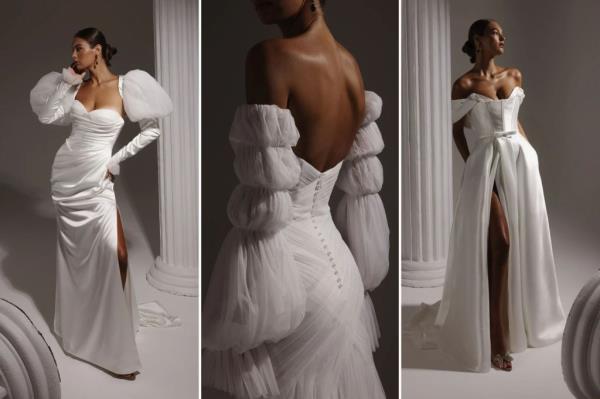 Collage of three bridal looks from Hera Couture