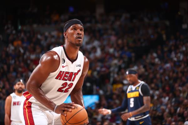 Jimmy Butler #22 of the Miami Heat prepares to shoot a free throw