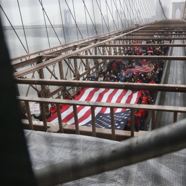 A anti-vaccine mandate protest on the Brooklyn Bridge on Feb. 7, 2022. According to one expert, the rise of doomsday prepping could be attributed to a declining trust in the government.