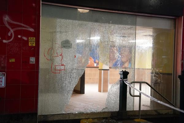 A photo of broken glass at the East Harlem location wher<em></em>e a man was shot in the chest early Saturday.