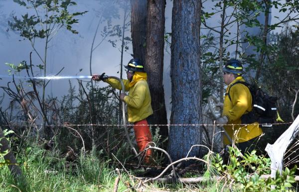 Members of a Hawaii Department of Land and Natural Resources wildland firefighting crew on Maui battle a fire in Kula.