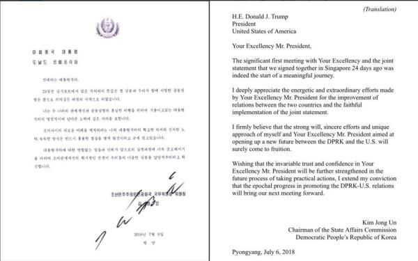 This combination of pictures created July 12, 2018 shows the letter dated July 6, 2018 from North Korea's leader Kim Jong Un to US President Do<em></em>nald Trump (in Korean at left and English translation at right), released July 12, 2018 by Trump via Twitter.