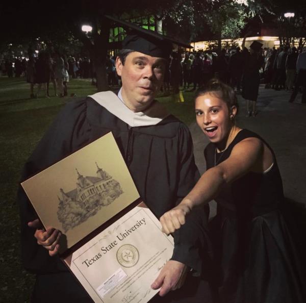 Jeff and Harper Hahn in 2015 at his university graduation. 