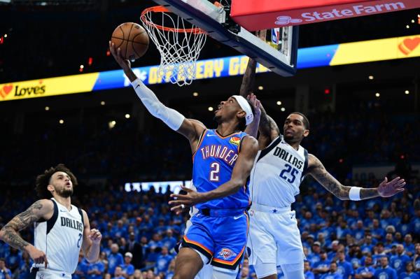 Shai Gilgeous-Alexander, who scored 33 points, shoots the ball past P.J. Washington during the Thunder's Game 2 loss.