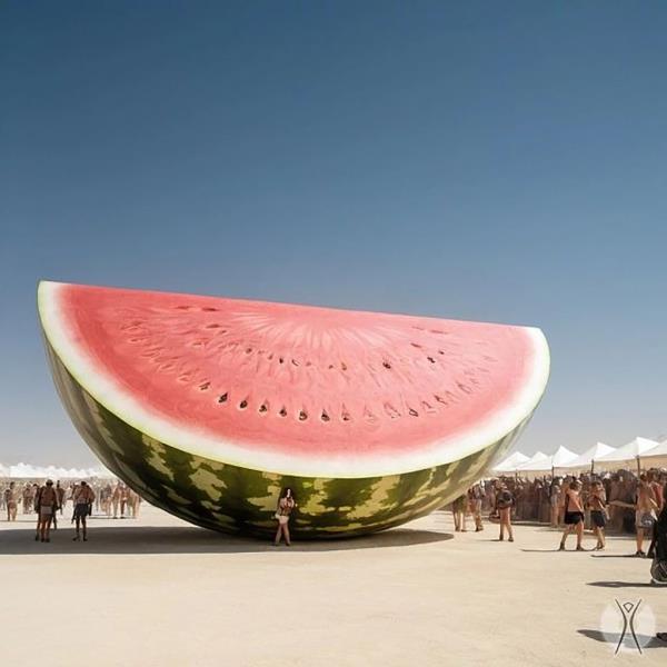 Large fiberglass sculpture of a quarter watermelon slice, a symbol of Palestinian resistance