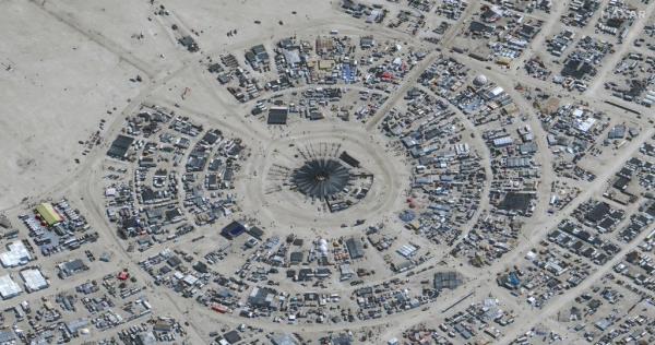 An overhead view of the annual Burning Man festival in Nevada's Black Rock desert on Aug. 29, 2023 shows the huge  camp surrounding the central spot wher<em></em>e the final bo<em></em>nfire will be held.