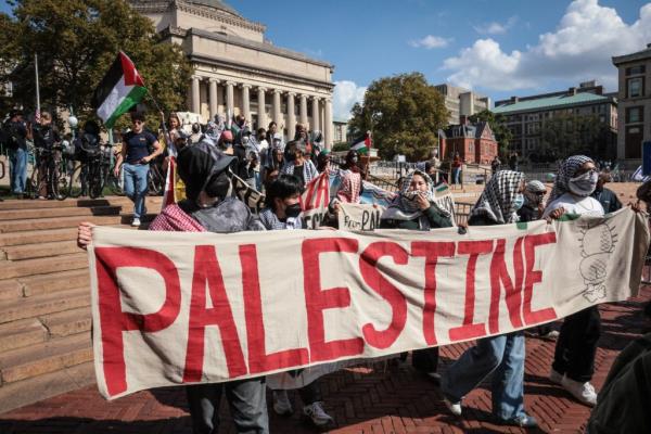 Pro-Palestinian demo<em></em>nstrators gather on the campus of Columbia University, on the one-year anniversary of Hamas' October 7 attack, amid the o<em></em>ngoing Israel-Hamas conflict, in New York City, U.S., October 7, 2024.