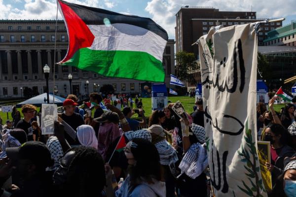 Columbia students organize dueling memorials and rallies both for Israel and Palestine on the one-year anniversary of the October 7th Hamas attack, on October 7, 2024 in New York City.