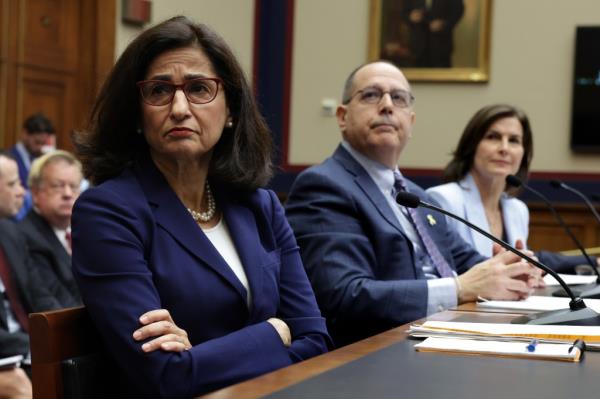 President of Columbia University Nemat aMinouchea Shafik, David Schizer, Dean Emeritus and Harvey R. Miller Professor of Law & Economics, and Columbia Law School, Co-Chair of Board of Trustees at Columbia University Claire Shipman testify before the House Committee on Education & the Workforce at Rayburn House Office Building on April 17, 2024 in Washington, DC.