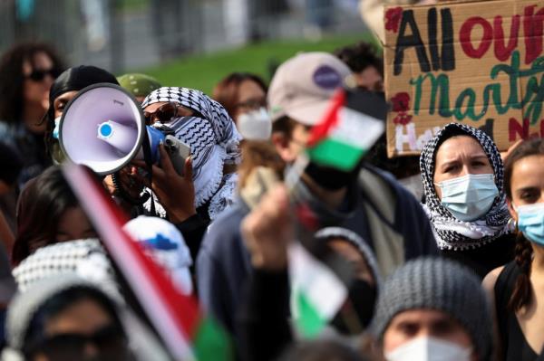 A pro Palestinian demo<em></em>nstrator uses a megaphone at Columbia University, on the one-year anniversary of Hamas' October 7 attack, amid the o<em></em>ngoing Israel-Hamas conflict, in New York City, U.S., October 7, 2024.