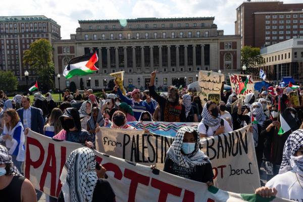 Columbia students organize dueling memorials and rallies both for Israel and Palestine on the one-year anniversary of the October 7th Hamas attack, on October 7, 2024 in New York City.