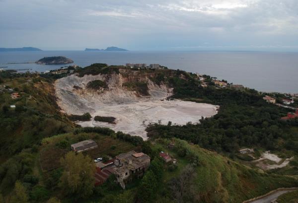 View of the Solfatara crater, part of the Campi Flegrei Volcano in Pozzuoli, the biggest caldera of southern Italy, Campania region.