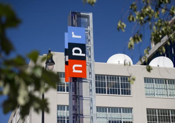 NPR headquarters exterior and sign.