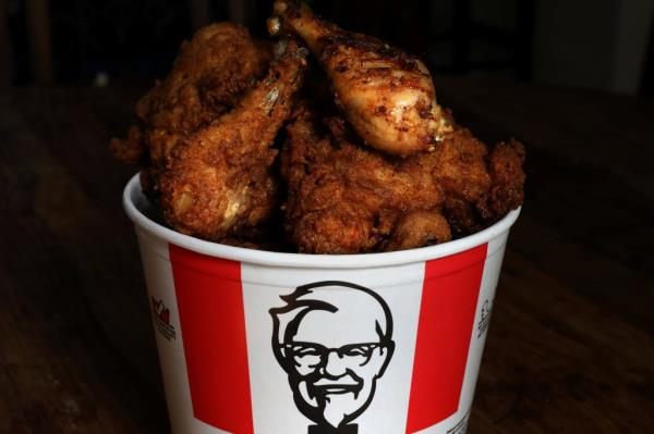 A Kentucky Fried Chicken (KFC) bucket of mixed fried and grilled chicken is seen in this picture illustration taken April 6, 2017.  