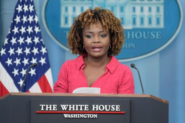 Press Secretary Karine Jean-Pierre and Spokesman for the White House Counsel's Office Ian Sams holding a press briefing in the Brady Room.