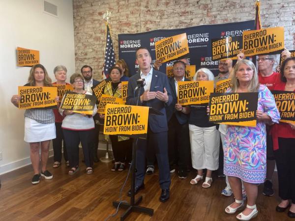 Republican U.S. Senate candidate Bernie Moreno criticizes Sen. Sherrod Brown amid calls by some Democrats for President Joe Biden to drop out during a news co<em></em>nference on July 10