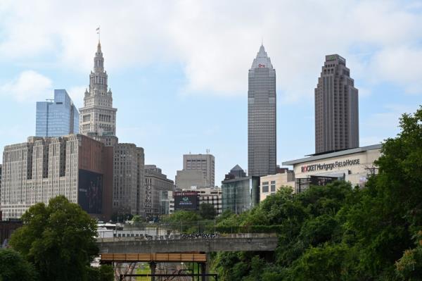 A view of the downtown skyline prior to a game between the Baltimore Orioles and the Cleveland Guardians at Progressive Field on August 02, 2024 in Cleveland, Ohio.