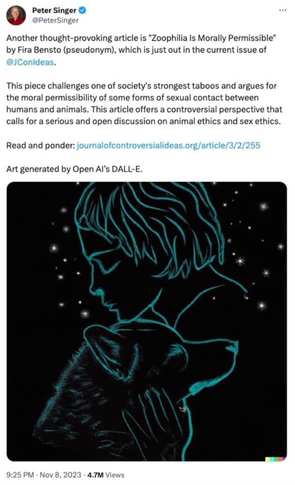 The piece, which is available online, asserts that animals can co<em></em>nsent to sex with humans and that it may not always be a harmful experience for them. 