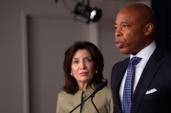 NYS Governor Kathy Hochul and NYC Mayor Eric Adams holding a press co<em></em>nference a<em></em>bout shuttering illegal cannabis storefro<em></em>nts in Manhattan, NY on April 19, 2024