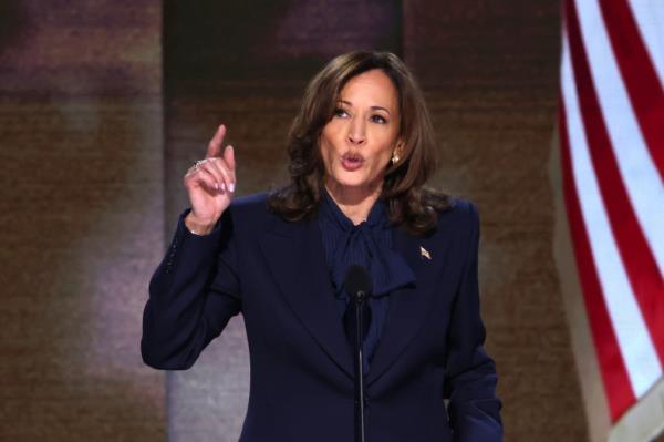 Democratic presidential candidate Kamala Harris giving a keynote address at the Democratic Natio<em></em>nal Co<em></em>nvention in Chicago, Illinois, August 2024