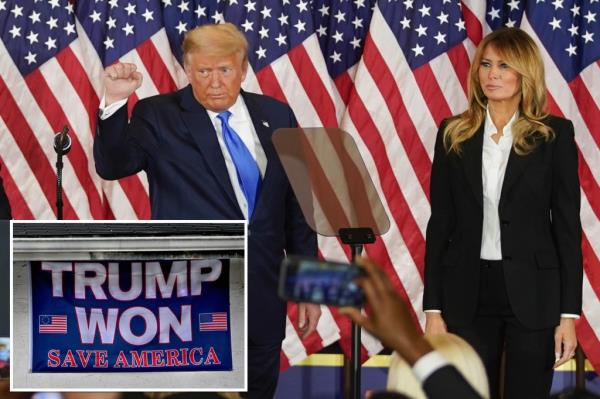  Trump gestures after speaking during an election night party with U.S. First Lady Melania Trump, right, and U.S. Vice President Mike Pence, left, in the East Room of the White House in Washington, D.C., U.S., on Wednesday, Nov. 4, 2020. 