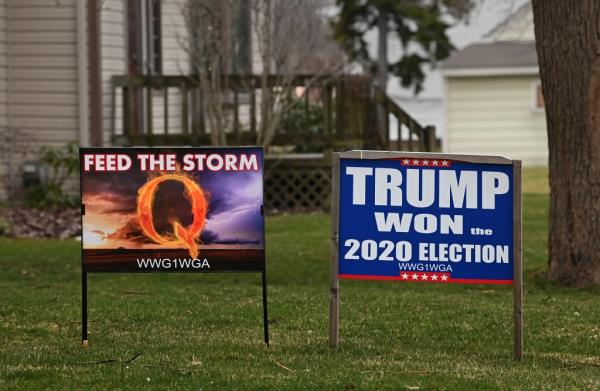 Trump signs and even the some signs that promote QAnon in Sterling Heights, Michigan on April 11, 2022.