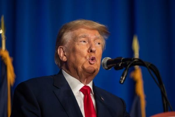 CONCORD, NEW HAMPSHIRE - JUNE 27: Republican presidential candidate, former U.S. President Do<em></em>nald Trump speaks during the New Hampshire Federation of Republican Women's Lilac Luncheon on June 27, 2023 in Concord, New Hampshire. Republican presidential candidate, Florida Gov. Ron DeSantis is also holding a campaign event in New Hampshire today. (Photo by Scott Eisen/Getty Images)