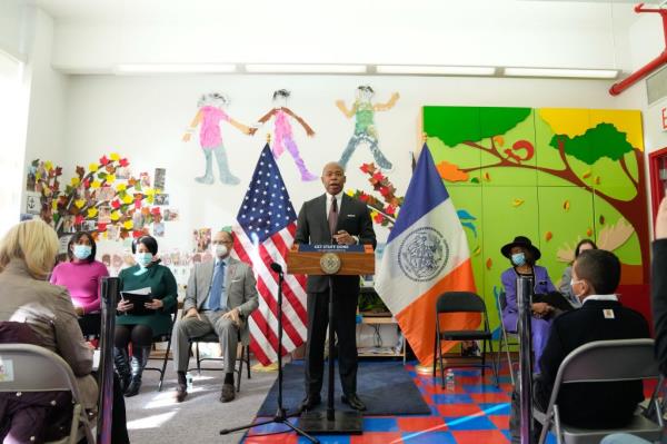 Mayor Eric Adams speaking at ABC Graham School in Harlem, announcing early childhood education expansion for special ed students.