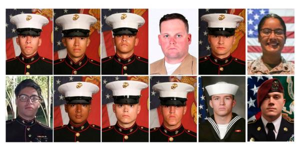 This combination of photos released by the 1st Marine Division, Camp Pendleton/U.S. Department of Defense shows twelve service members killed in the Kabul airport bombing in Afghanistan on Aug. 26, 2021. 