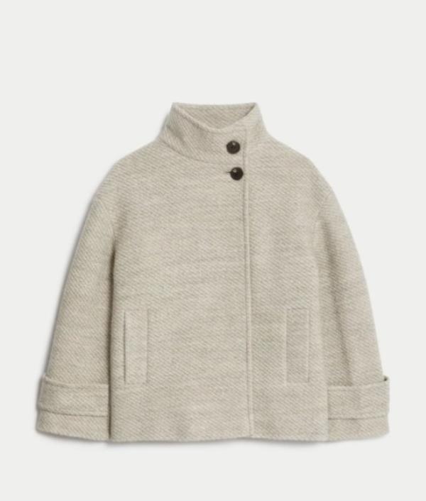 Twill Funnel Neck Short Coat with Wool