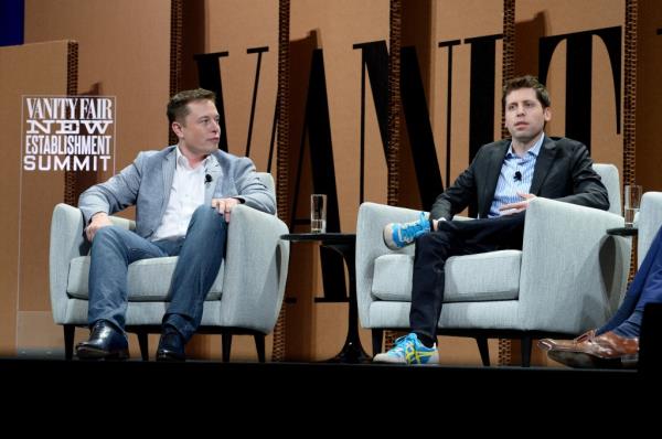 Elon Musk and Sam Altman sit in chairs on stage at the Vanity Fair New Establishment Summit in San Francisco in 2015.