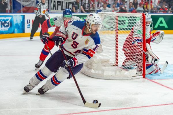 Johnny Gaudreau playing for the United States during the 2024 IIHF Ice Hockey World Champio<em></em>nship Quarterfinal against Czechia on May 23, 2024.