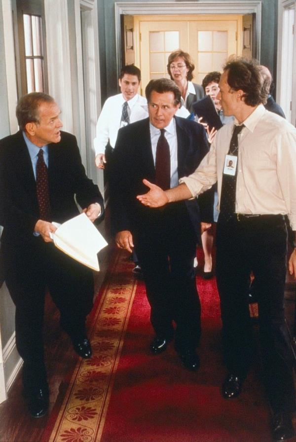 John Spencer, Martin Sheen, and Bradley Whitford; Rob Lowe, Allison Janney and Moira Kelly in 