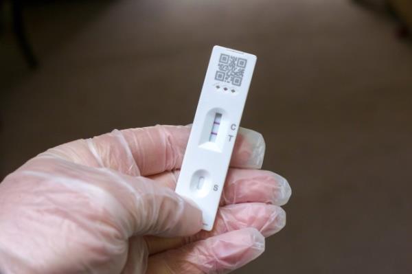 A hand holding a lateral flow test