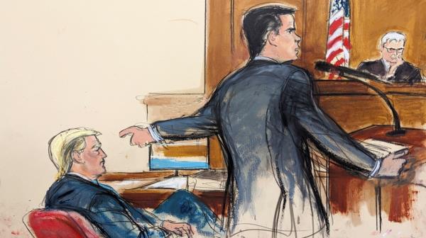 A court sketch of Do<em></em>nald Trump and his lawyer  