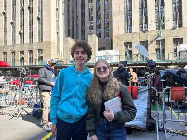 Owen Berenbom and Hope Harrington, both 14, spent some of their spring break at Trump's hush mo<em></em>ney trial Tuesday.