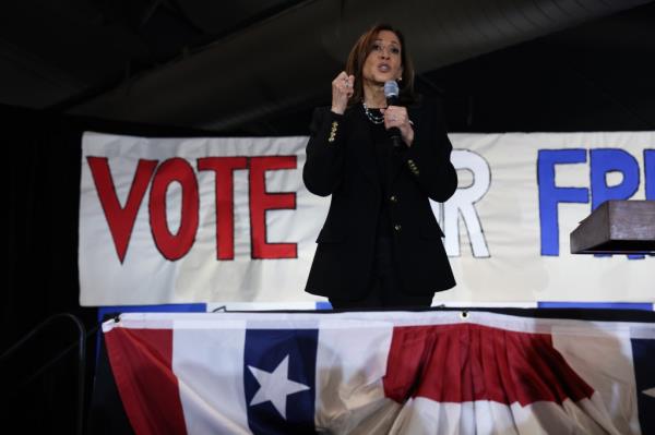 Vice President Kamala Harris speaking at a campaign event in Moosic, Pennsylvania on Nov. 4, 2024.