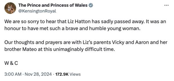 Kate Middleton and Prince William mourn 'brave and humble' teenage cancer patient,  Liz Hatton, after her death.