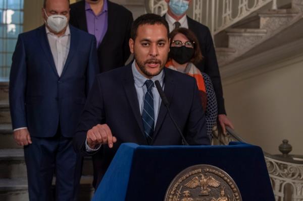 NYC Council Member Christopher Marte speaking at a press co<em></em>nference on affordable housing leadership appointments