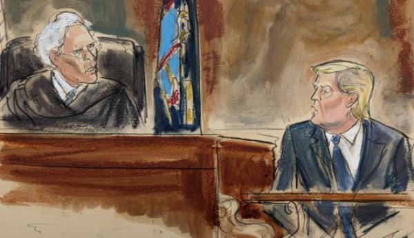 Courtroom sketch shows Judge Arthur Engoron (left) questio<em></em>ning former President Do<em></em>nald Trump (right) on the witness stand in New York Supreme Court