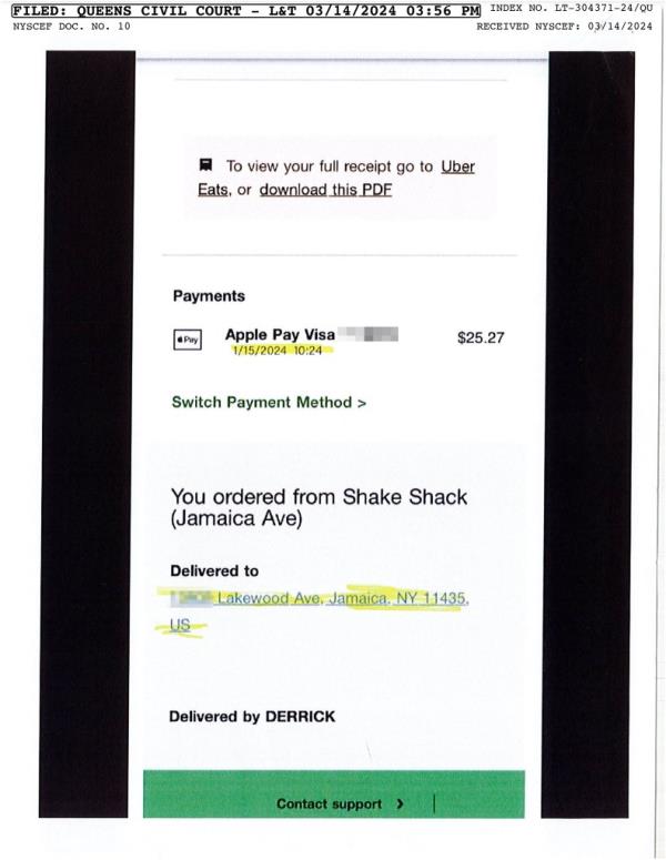 A Shake Shack delivery receipt was presented in court by a lawyer representing the two men suing a Queens couple claiming they were “unlawfully locked out” of the residence.</p>

<p>　　