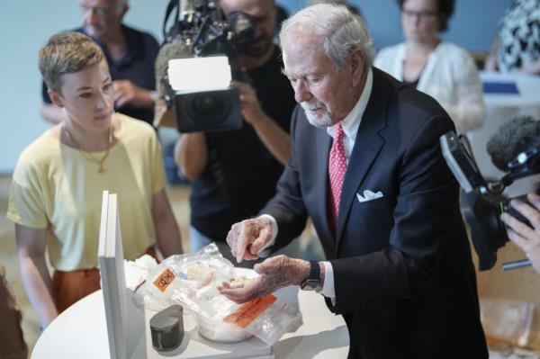 California businessman Paul Kaufman, who inherited the skull fragments, presumed to be of Ludwig van Beethoven from his great uncle, shows them to journalists at the Medical University of Vienna, Austria.