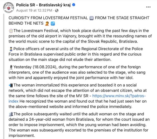 Slovakian Police arresting woman who was performing a stage duet, revealed to be a wanted individual