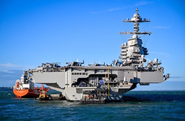 A view of the aircraft Carrier USS Gerald R. Ford, on November 17, 2022 in Gosport, England