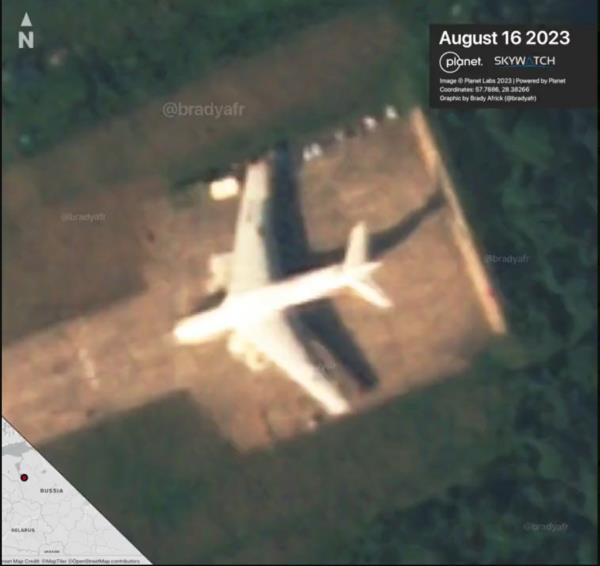 A satellite image from Aug. 16 shows an IL-76 transport plane at the Pskov airba<em></em>se. 